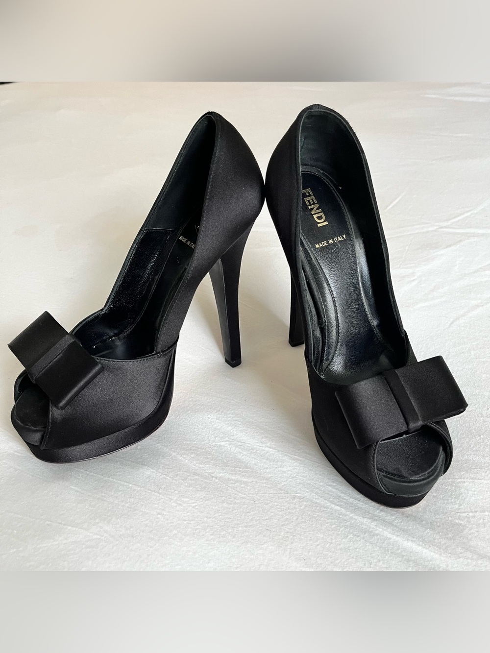 Fendi Black Satin Bow Peep Toe Platform Pumps Heels